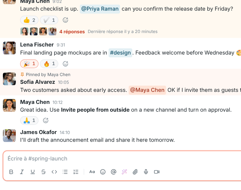 Freesbe in French: a Northwind Traders channel with messages, reactions and a thread